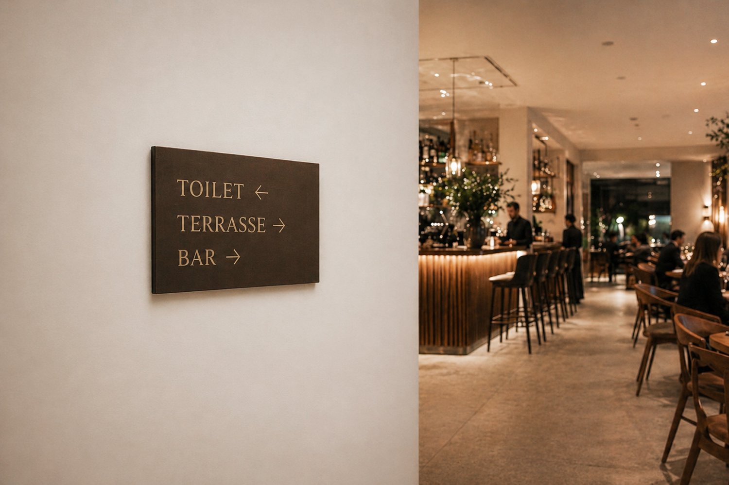 Vandret retningsskilt i læder til restaurant