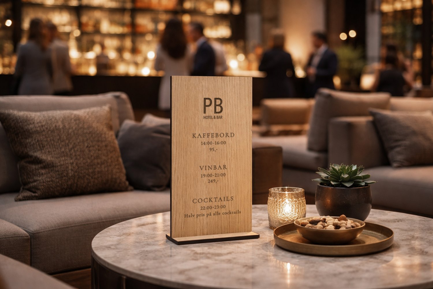 Snackskilt i træ til hotel og bar