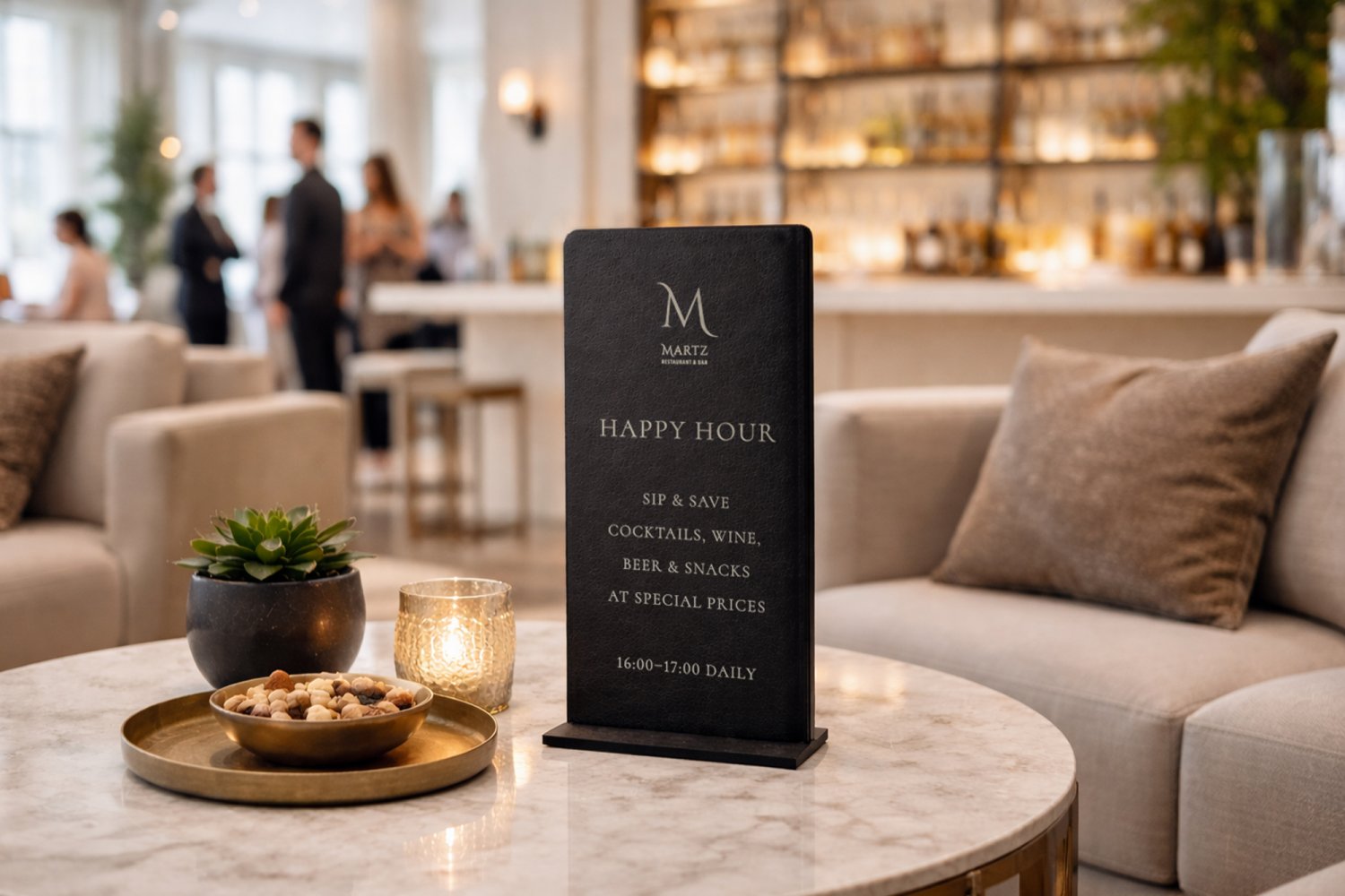 Happy Hour skilt i læder med sølvskrift