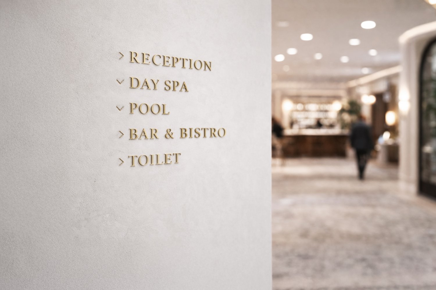 Udskåret tekst i guld til hotel