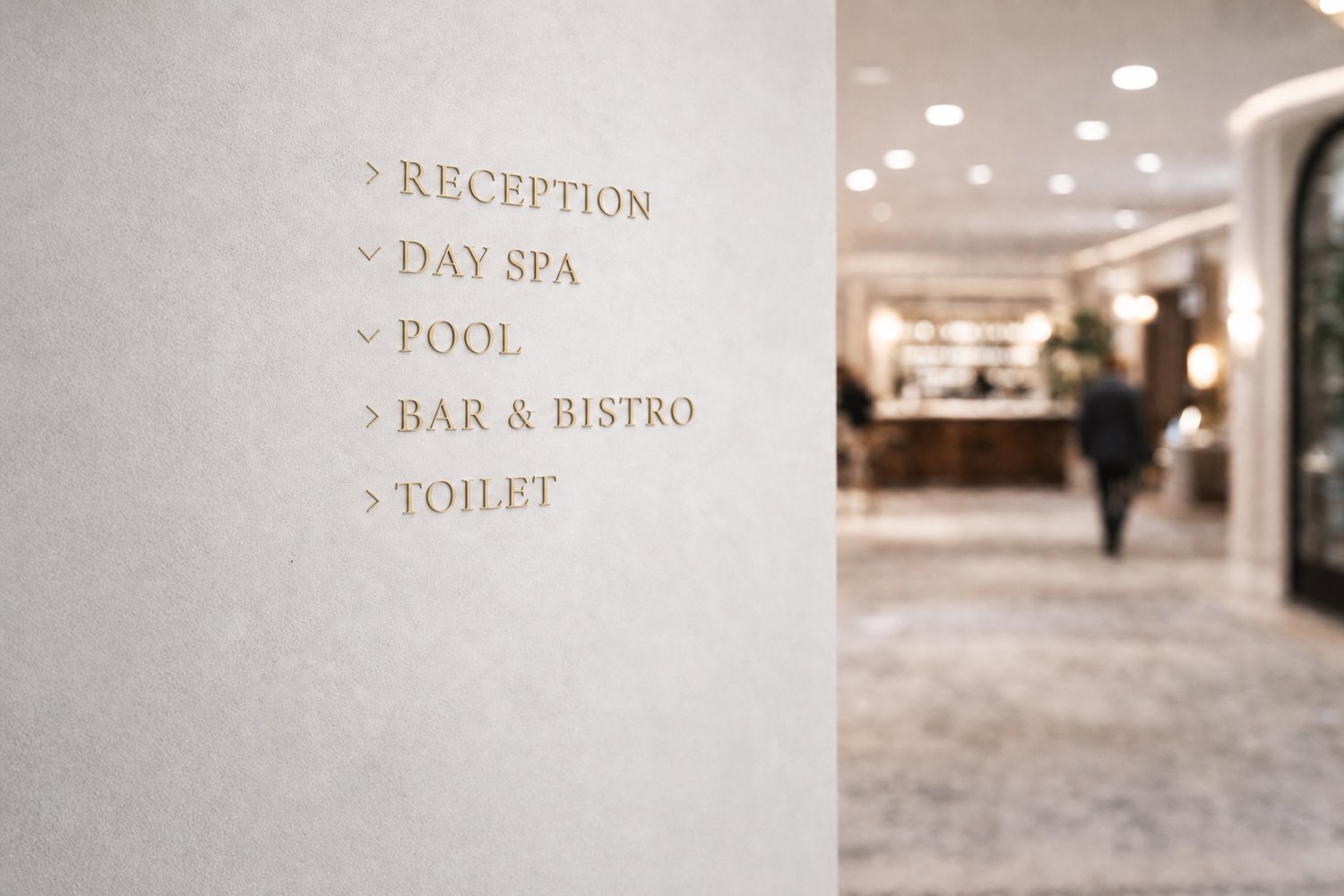 Udskåret tekst i guld til hotel