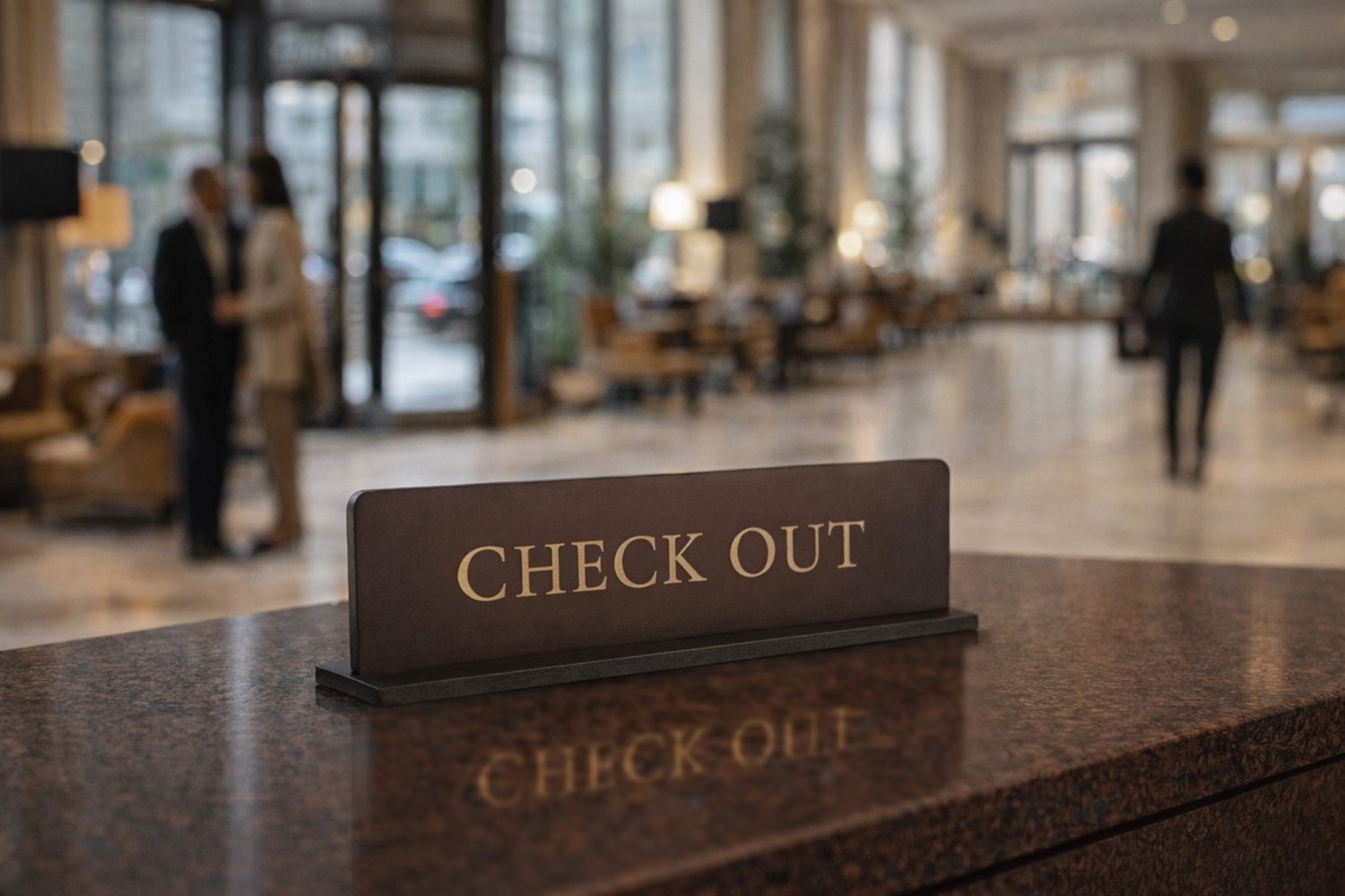 Check Out receptionsskilt i læder til hotel