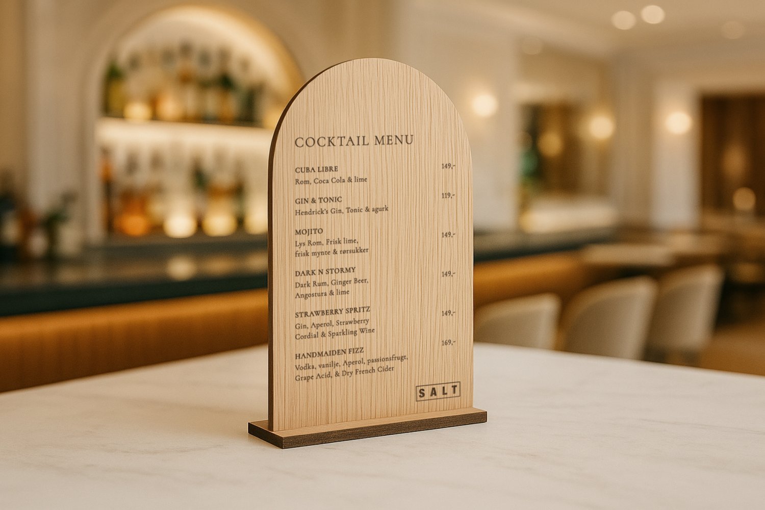 Cocktailskilt i træ med bue til baren