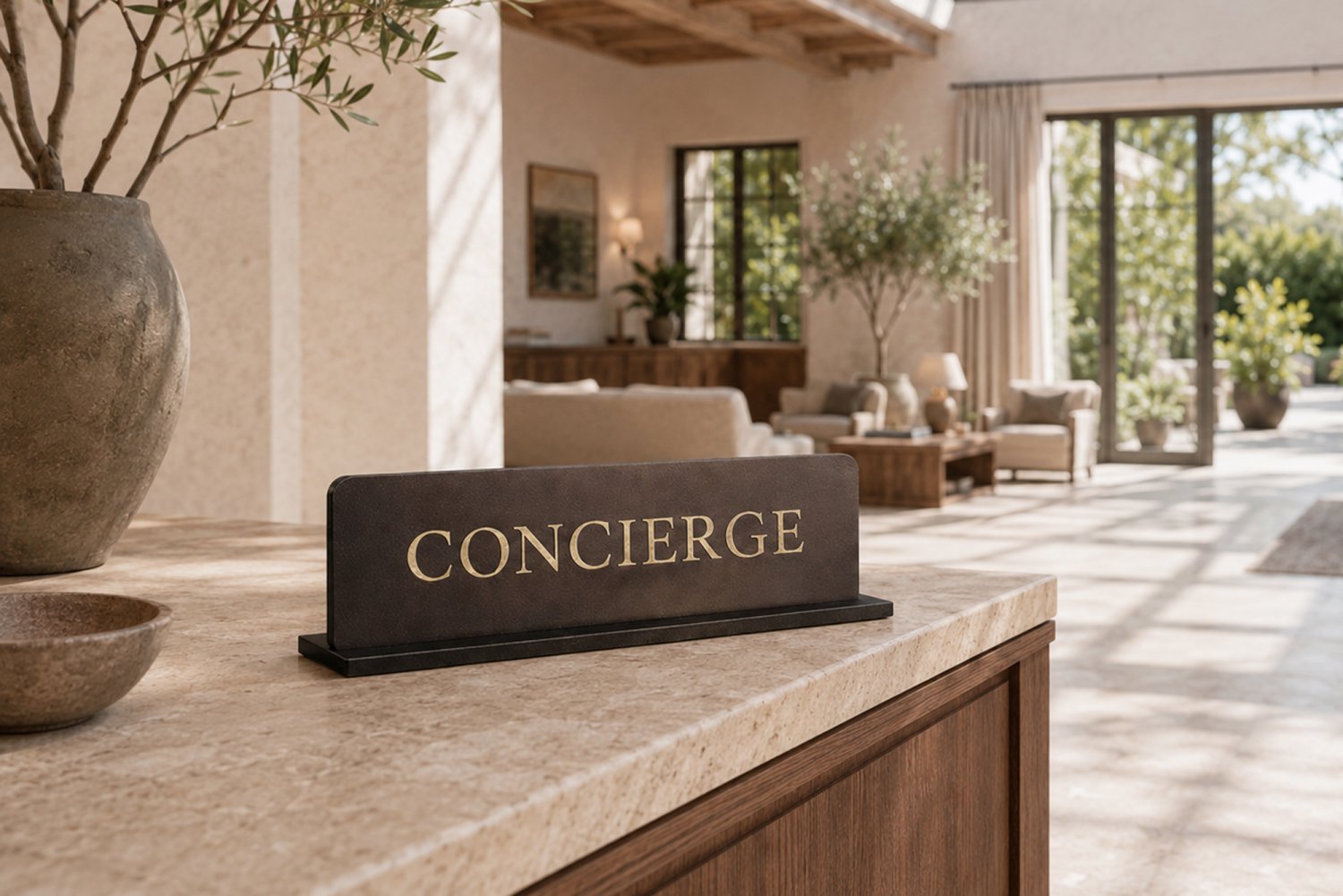 Concierge-skilt i læder med holder til hotel