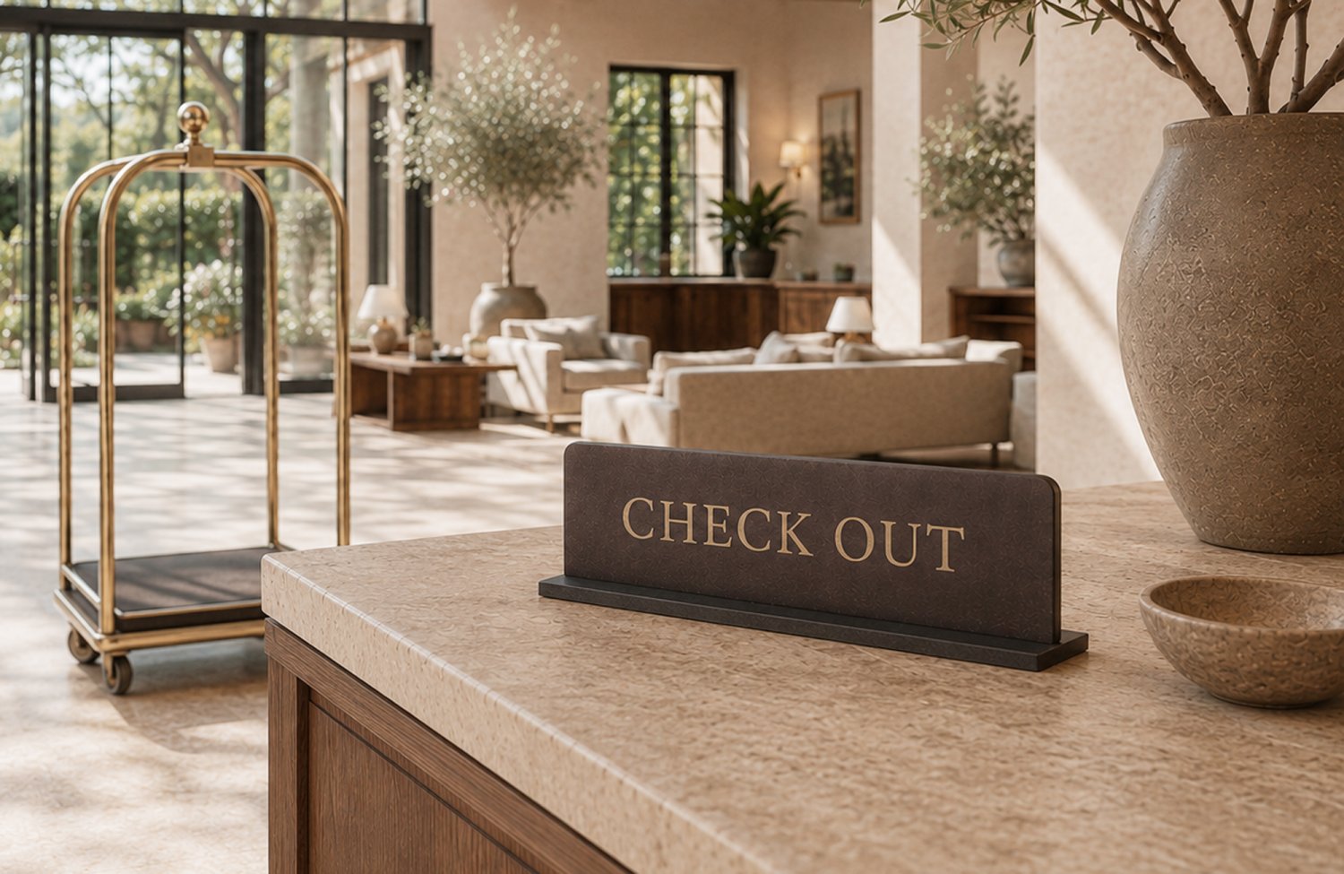 Check Out receptionsskilt i læder til hotel