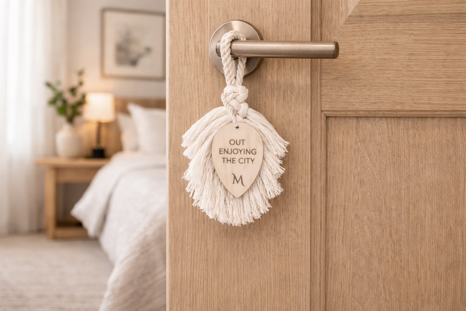 Dørhængere af garn med trævedhæng til hotelværelser