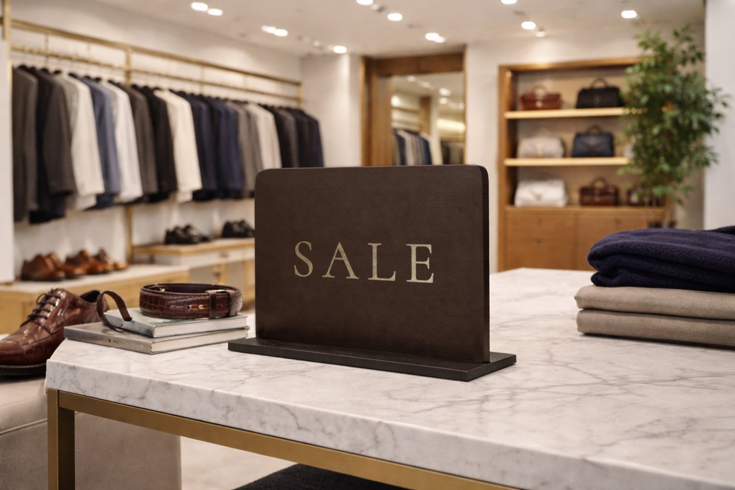 Infoskilte i læder til butik med guldskrift