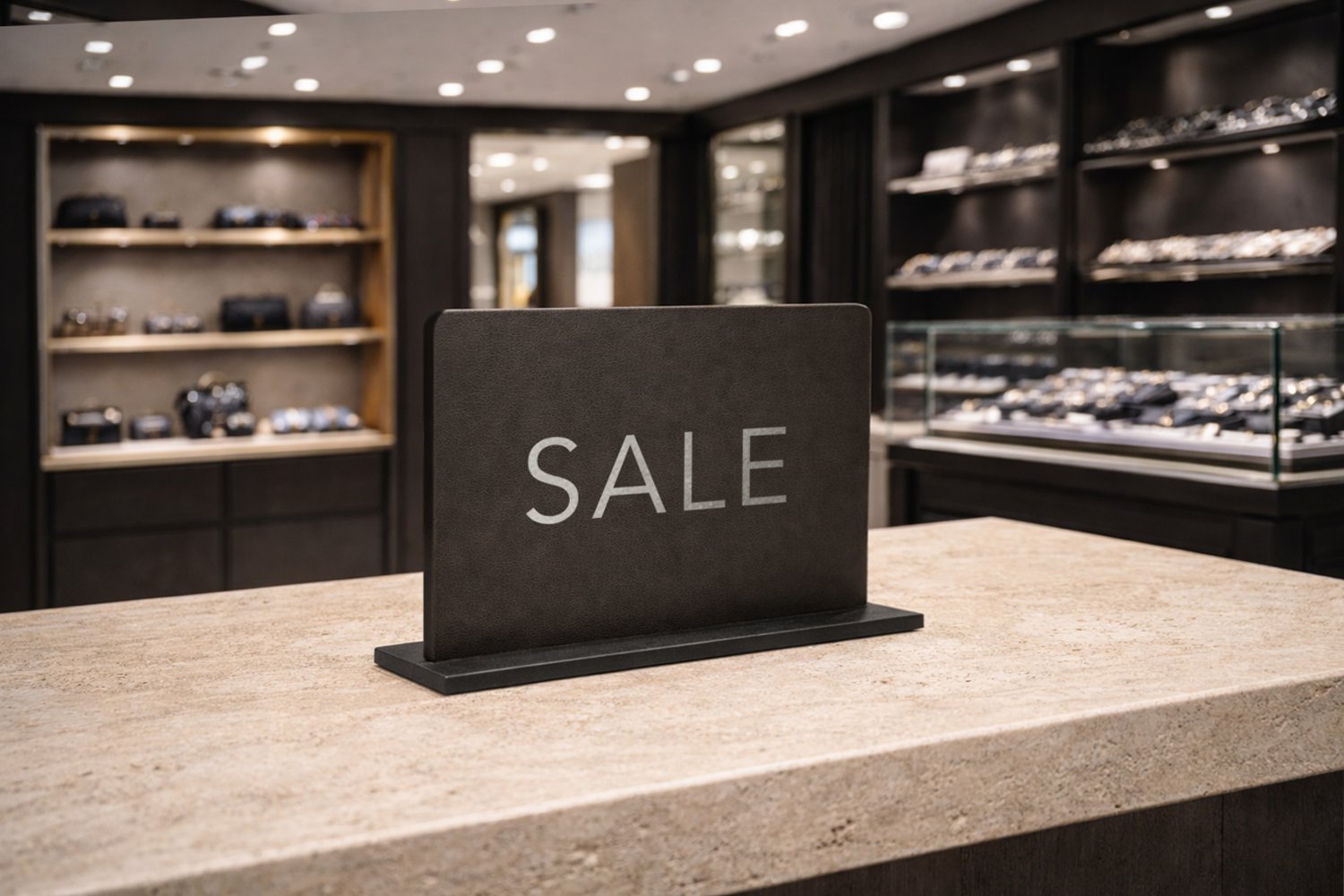 Infoskilte i læder til butik med sølvskrift