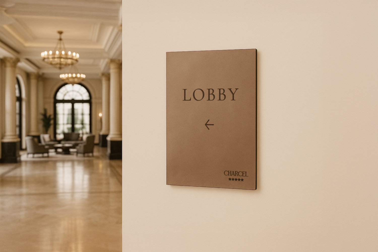 Lodret retningsskilt i læder til hotel