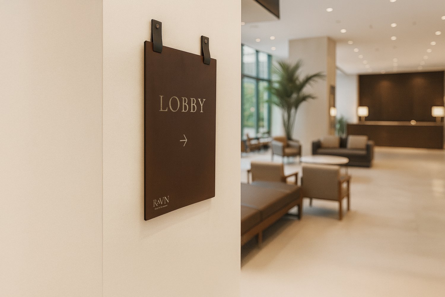 Lodret retningsskilt i læder med guldskrift