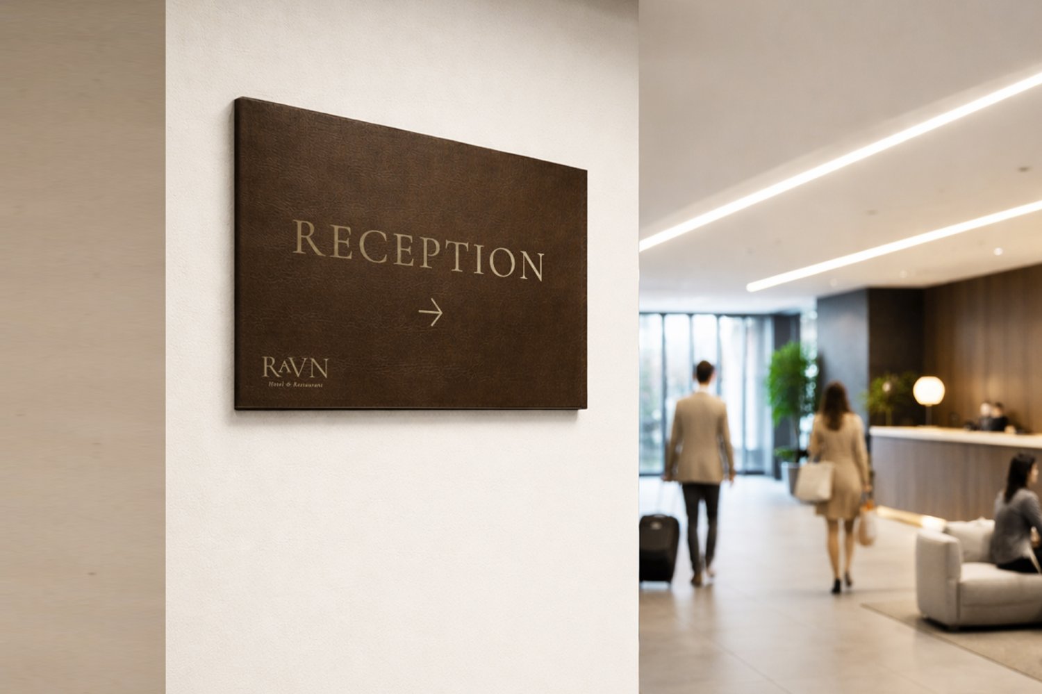 Stort vandret retningsskilt i læder med guldskrift