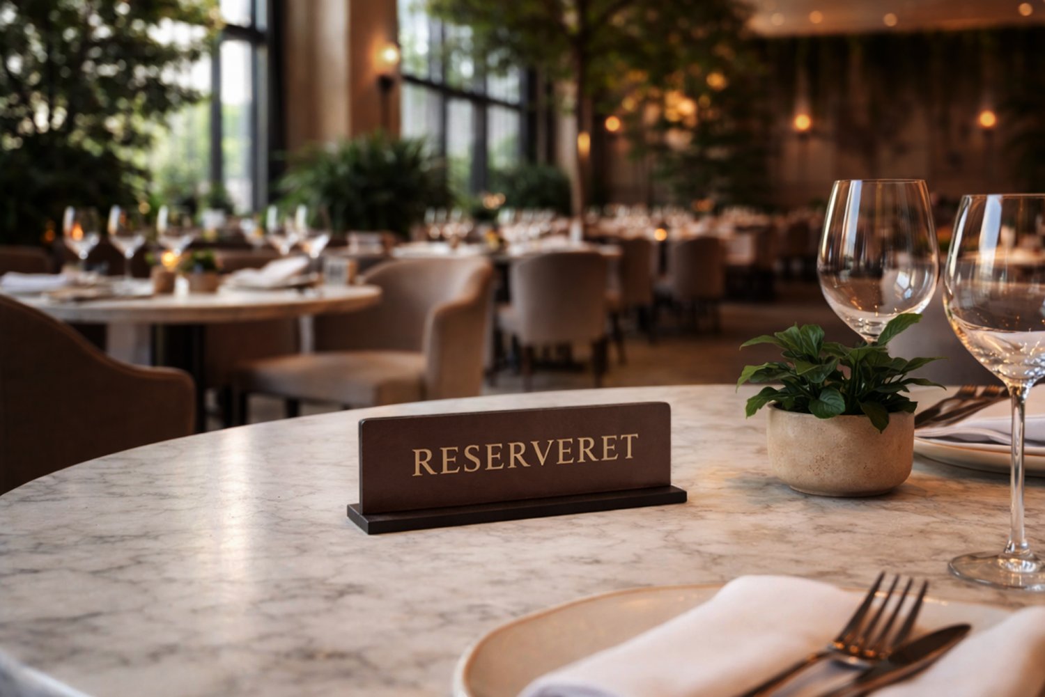 Små reservationskilte i læder til restaurant med guldskrift