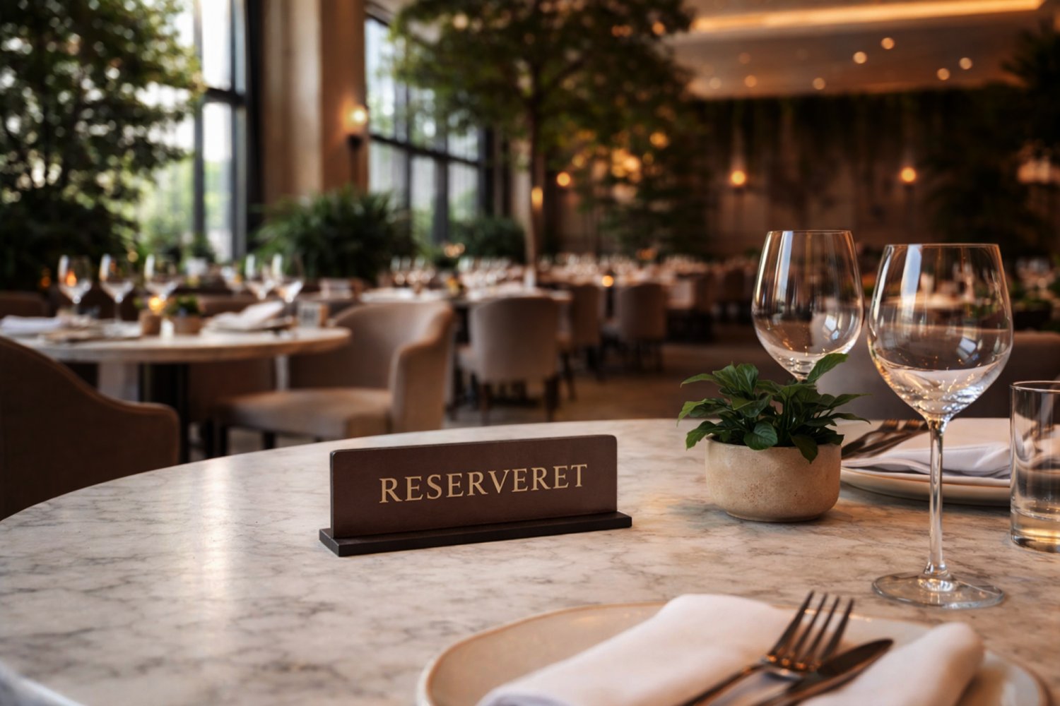 Små reservationskilte i læder til restaurant med guldskrift