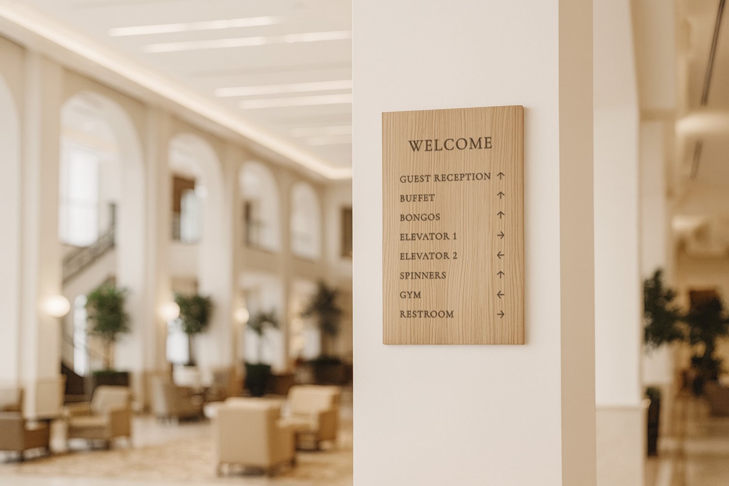Retningsskilt til hotel lobby i træ