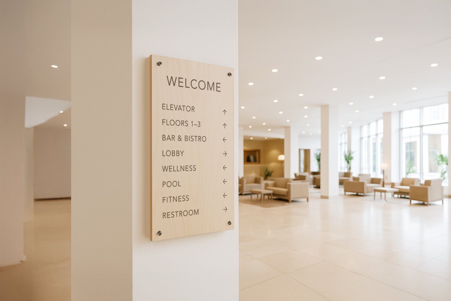 Retningsskilt til hotel lobby i træ