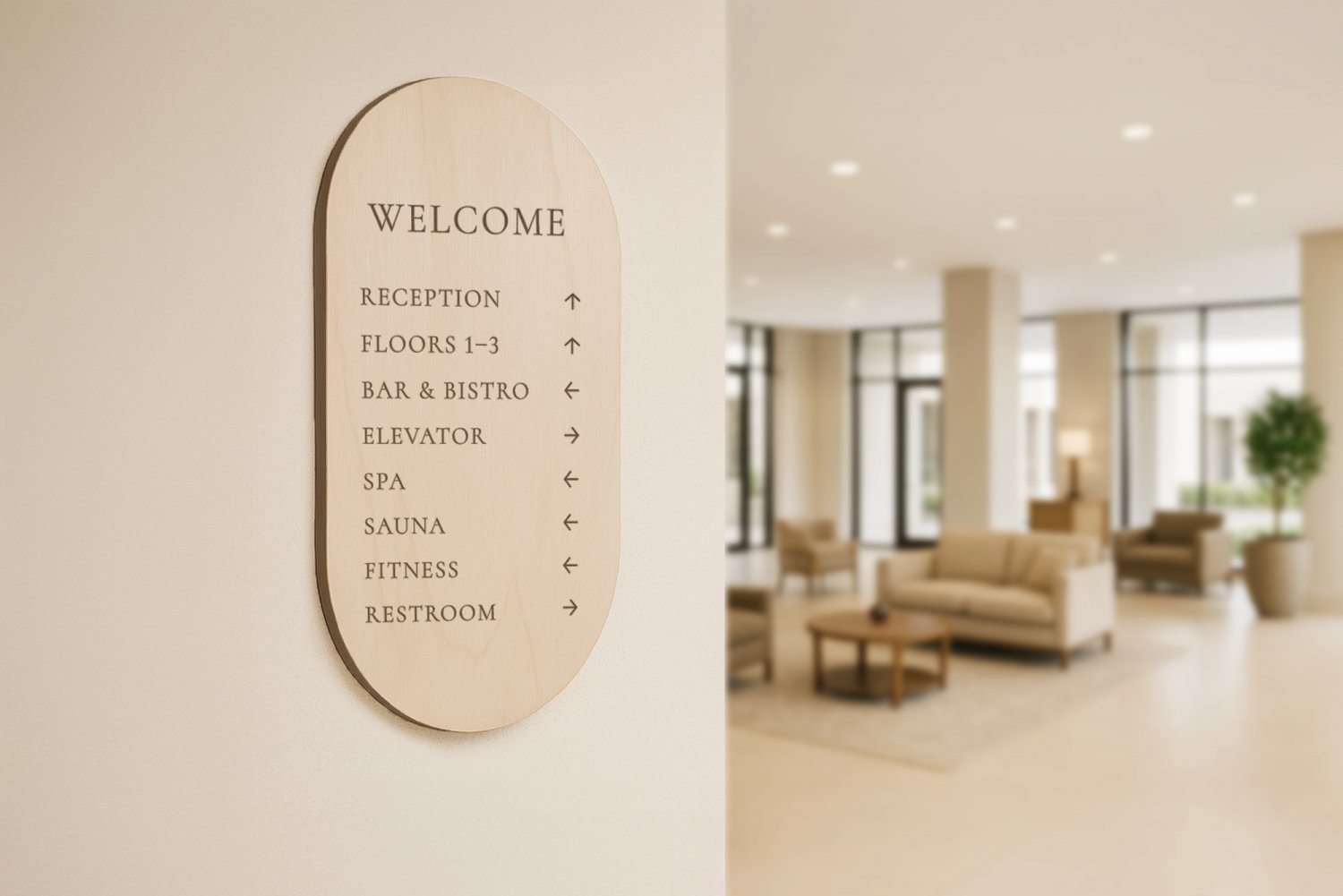 Retningsskilt til hotel lobby i træ med buer