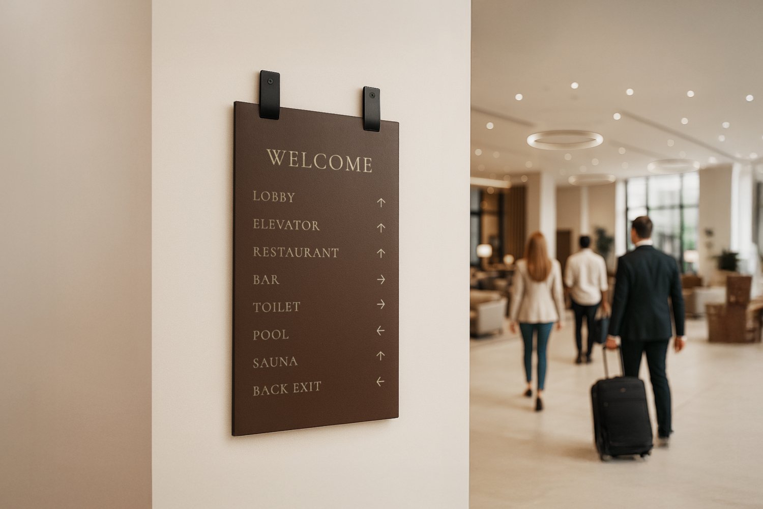 Stort retningsskilt i læder med guldskrift