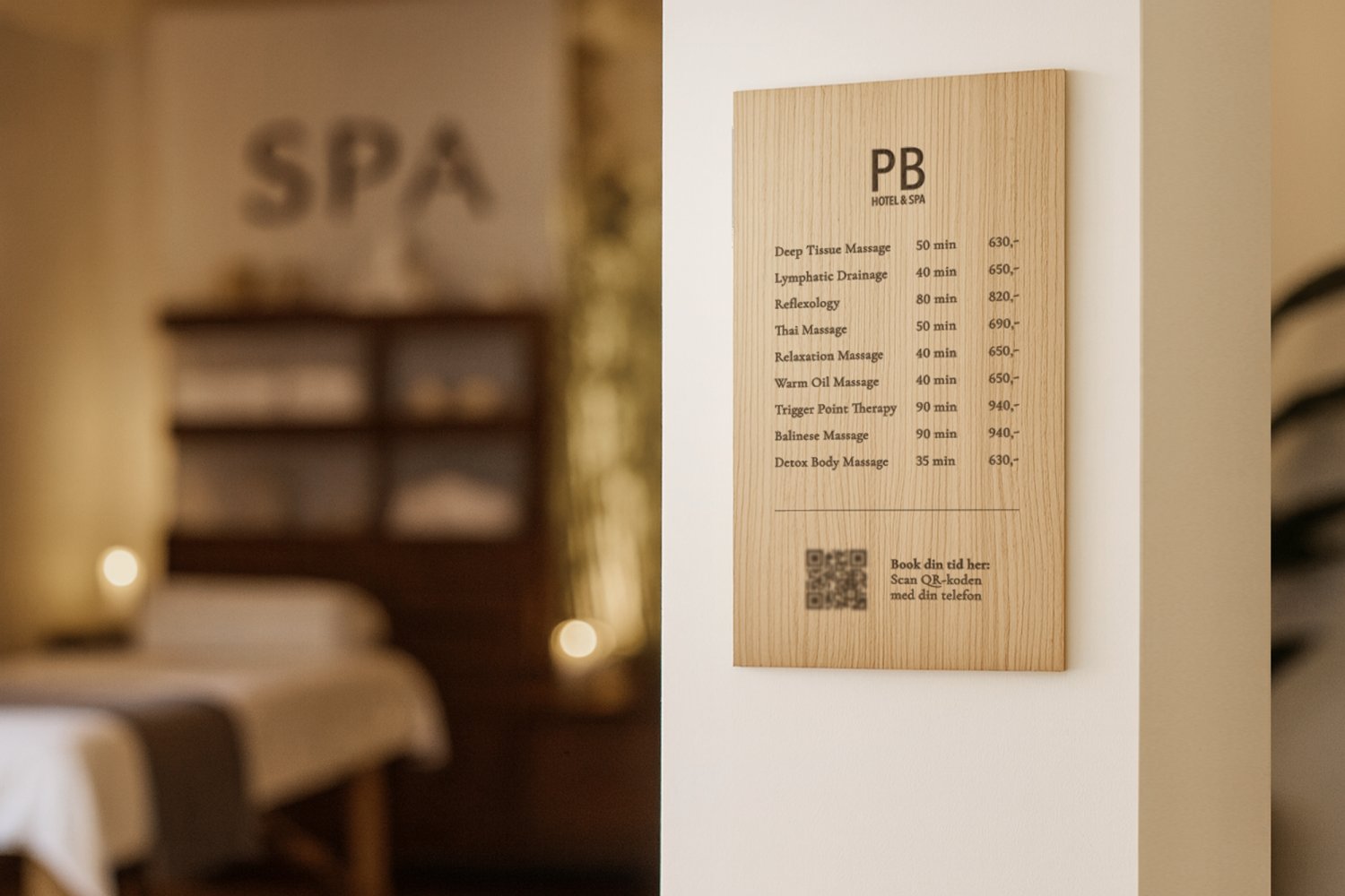 Stort infoskilt i træ til spa & wellness