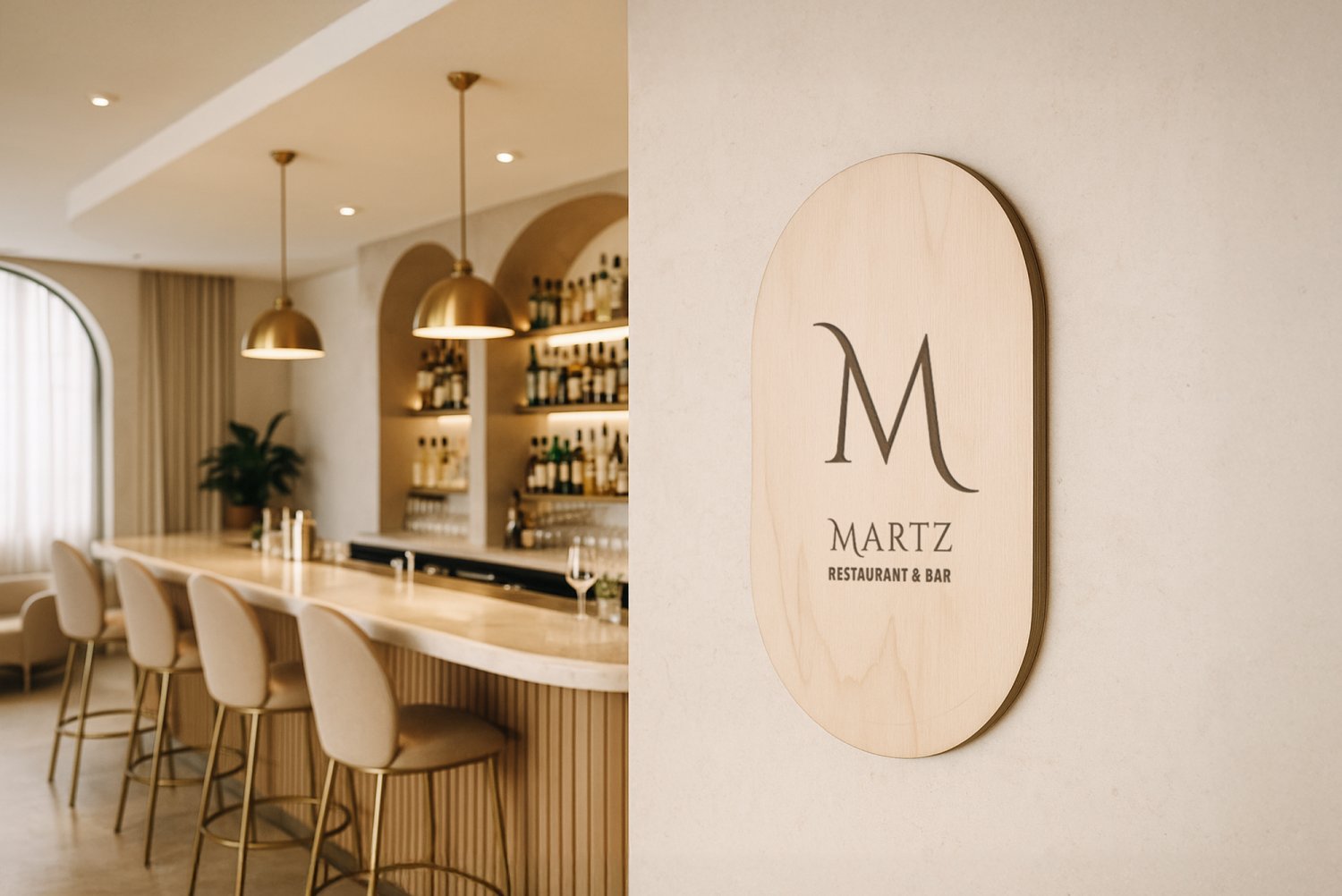 Stort logoskilt i træ med buer