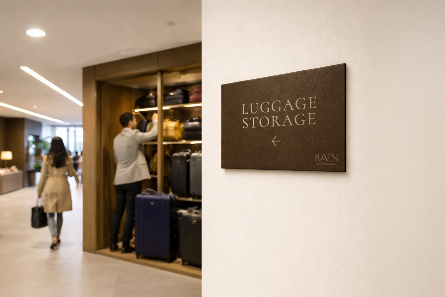 Vandret retningsskilt i læder med guldskrift