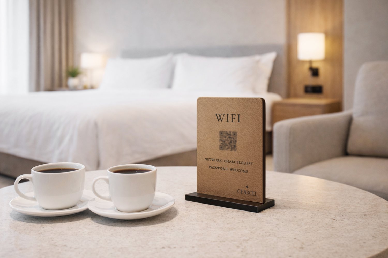 WiFi-skilte i læder til hotelværelser