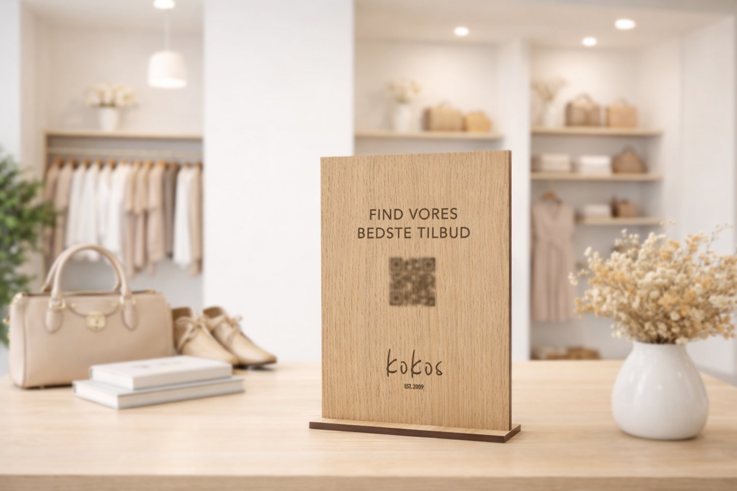 Lodret QR-skilt i træ til butik