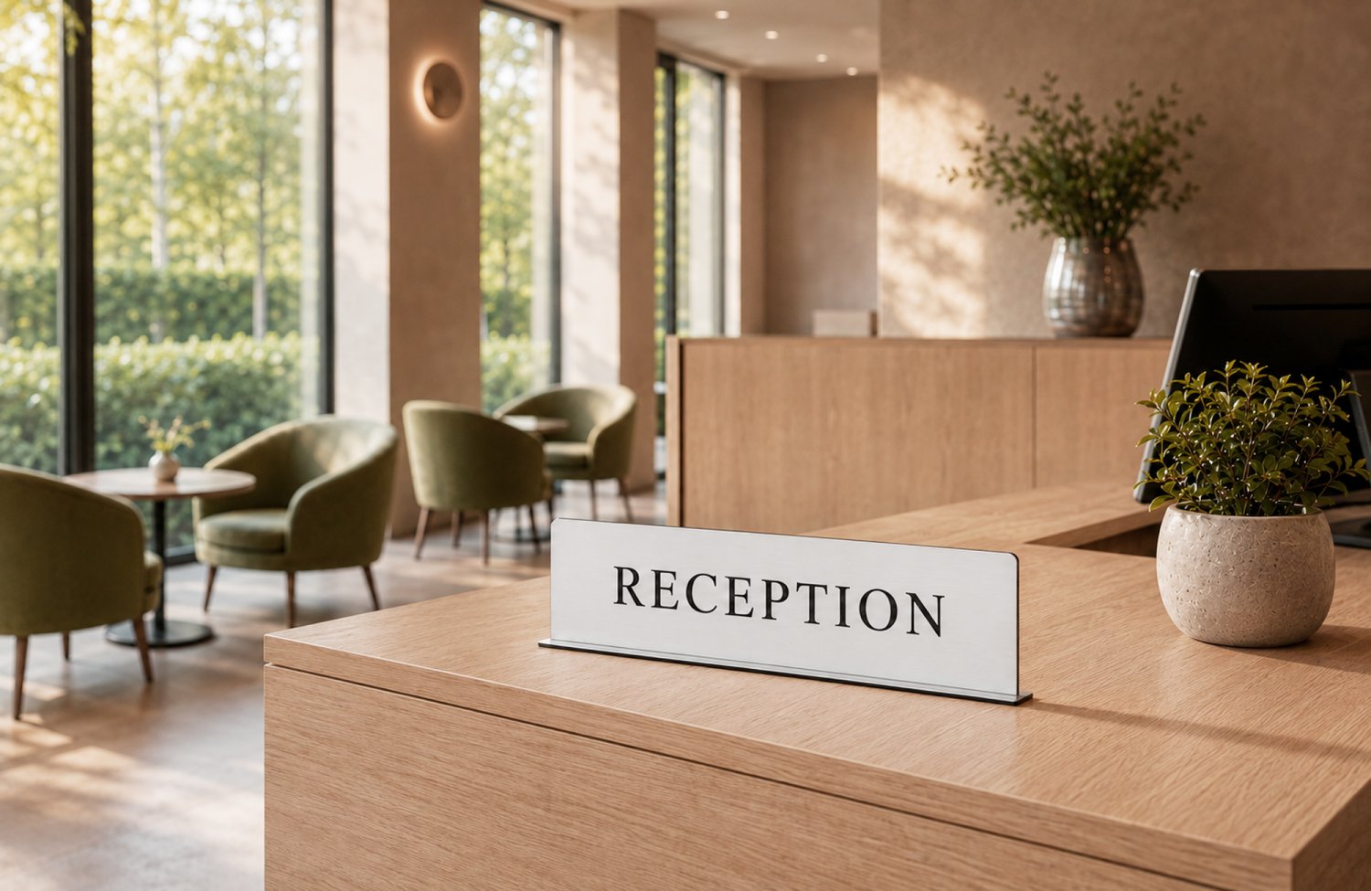 Receptionsskilt i metallisk akryl med holder