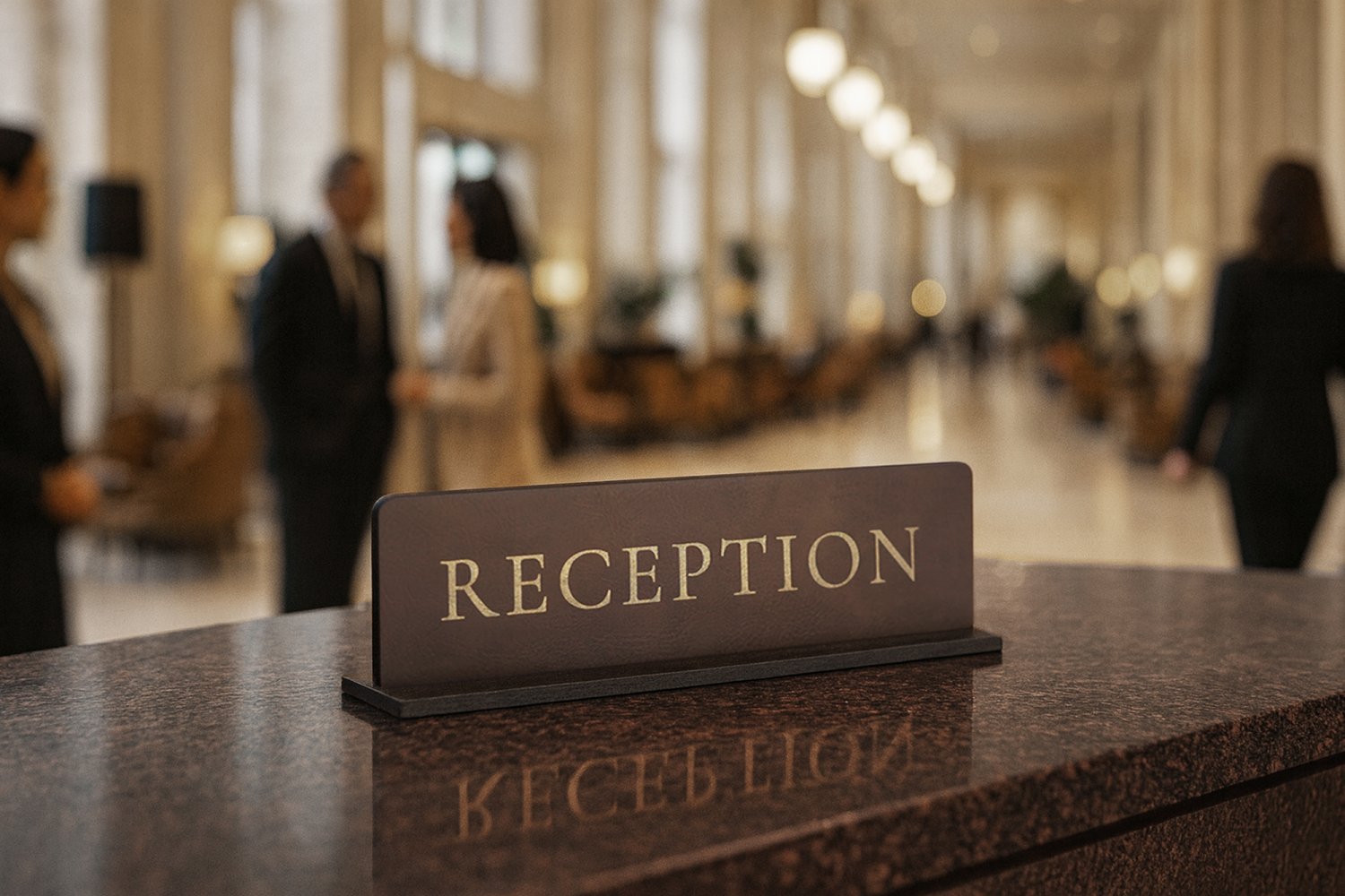 Receptionsskilt i læder med holder til hotel