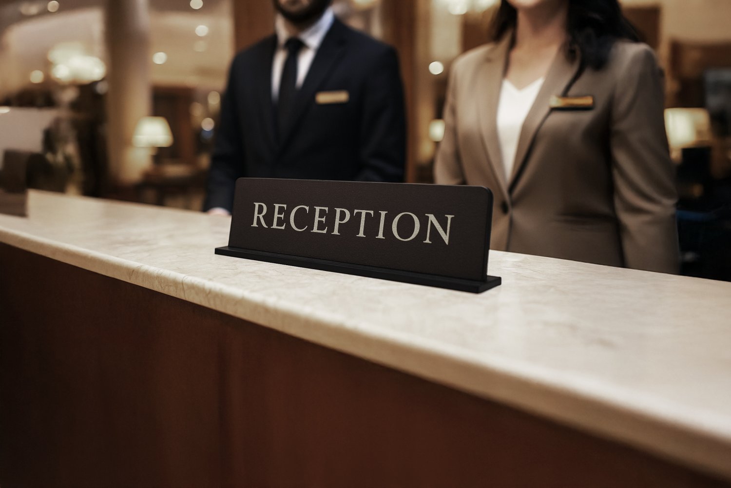 Receptionsskilt i læder til hotel med sølvskrift