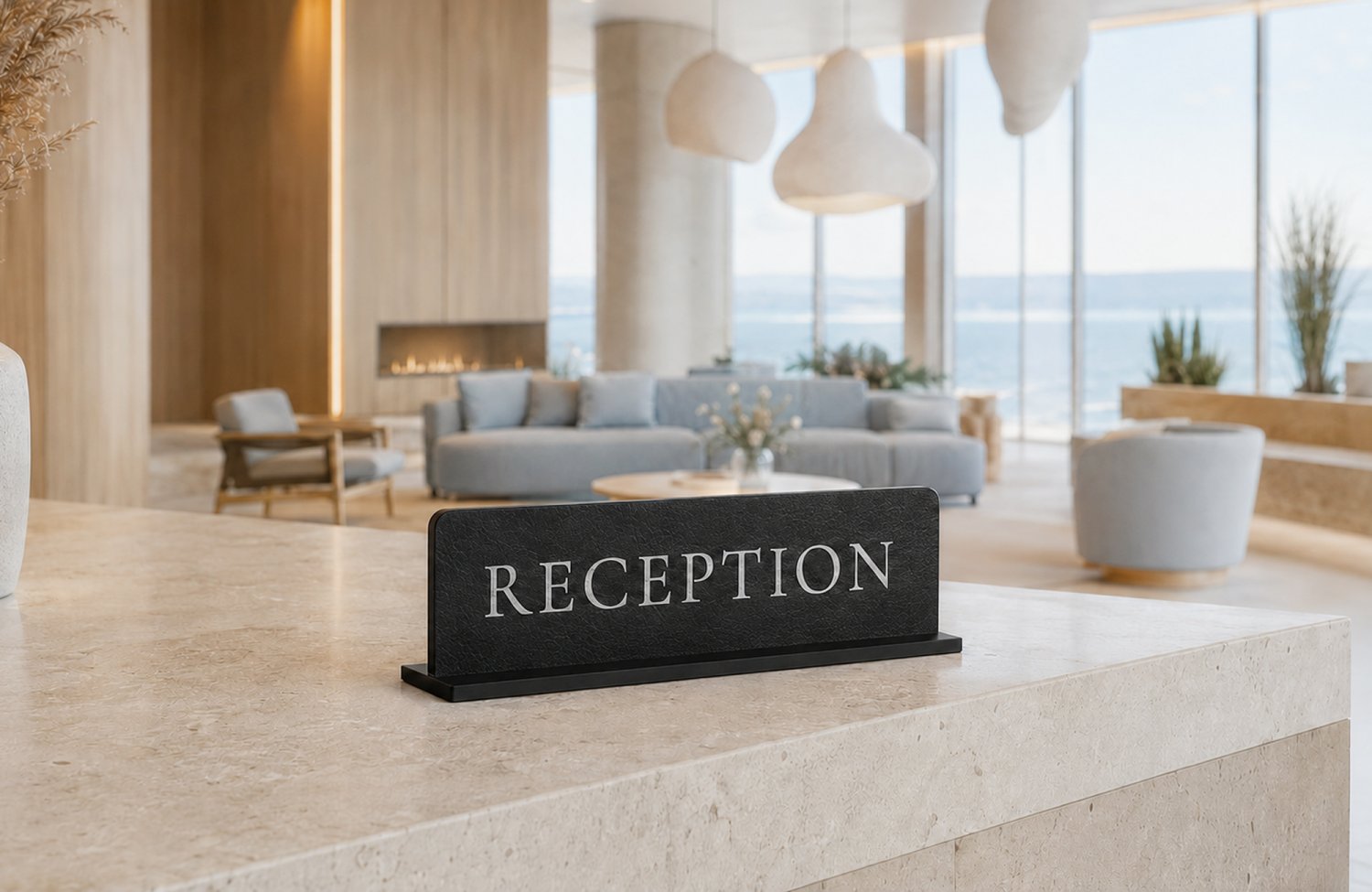 Receptionsskilt i læder til hotel med sølvskrift