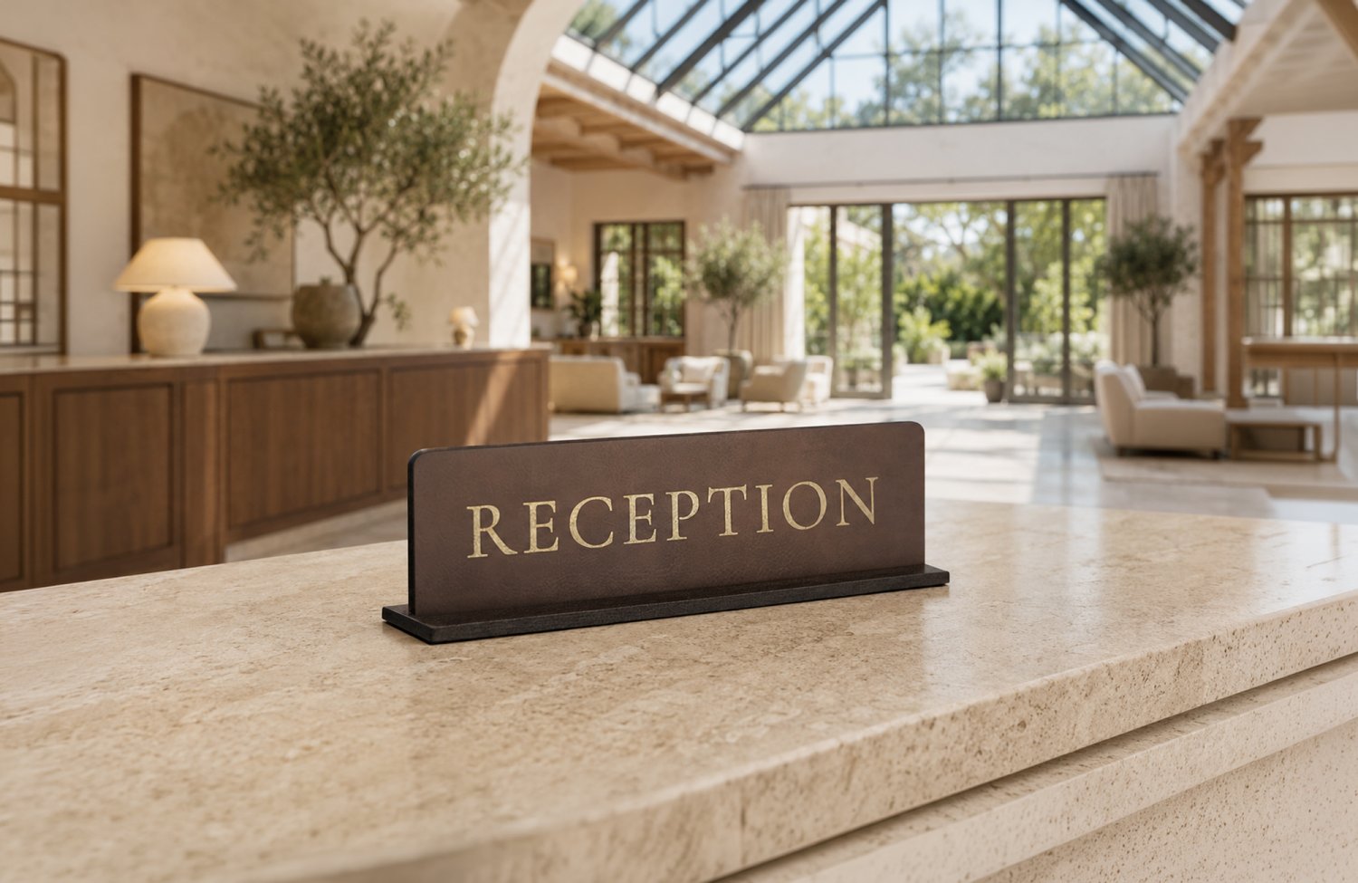 Receptionsskilt i læder med holder til hotel