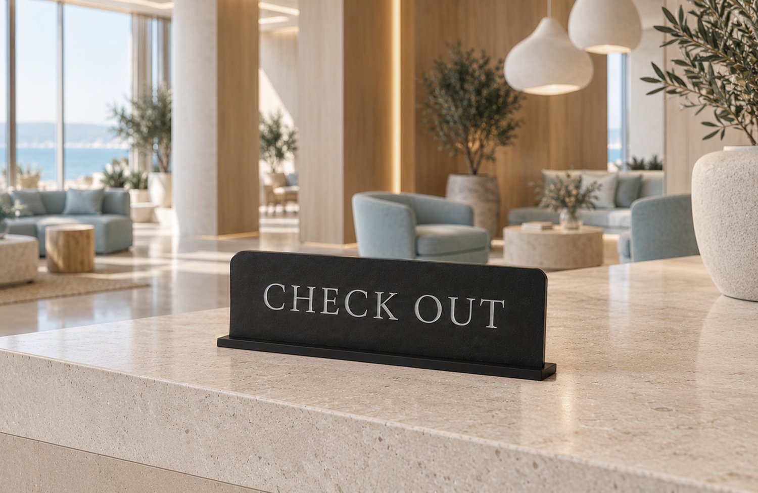 Check In / Check Out skilt i læder til hotel med sølvskrift