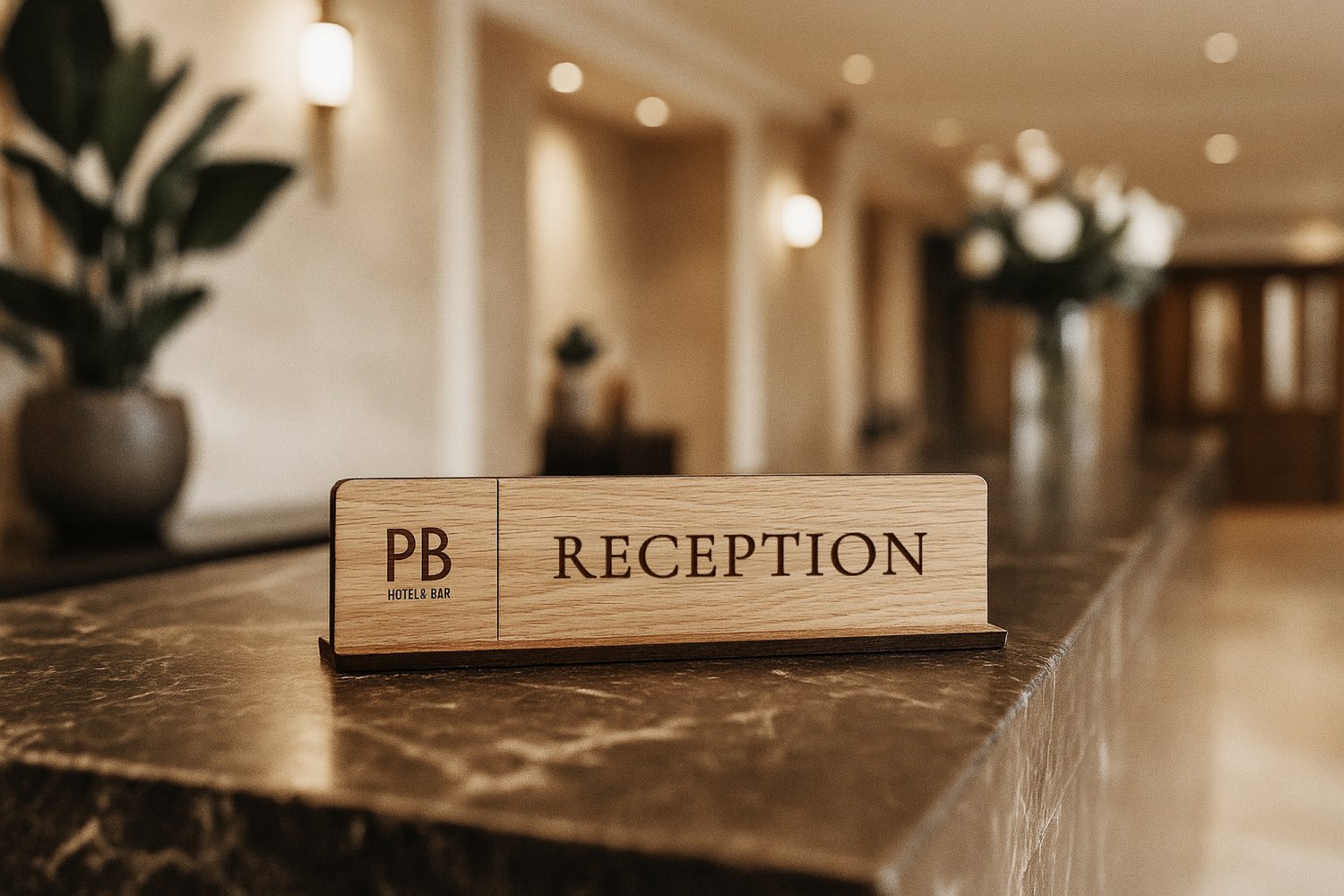 Receptionsskilt i træ med holder