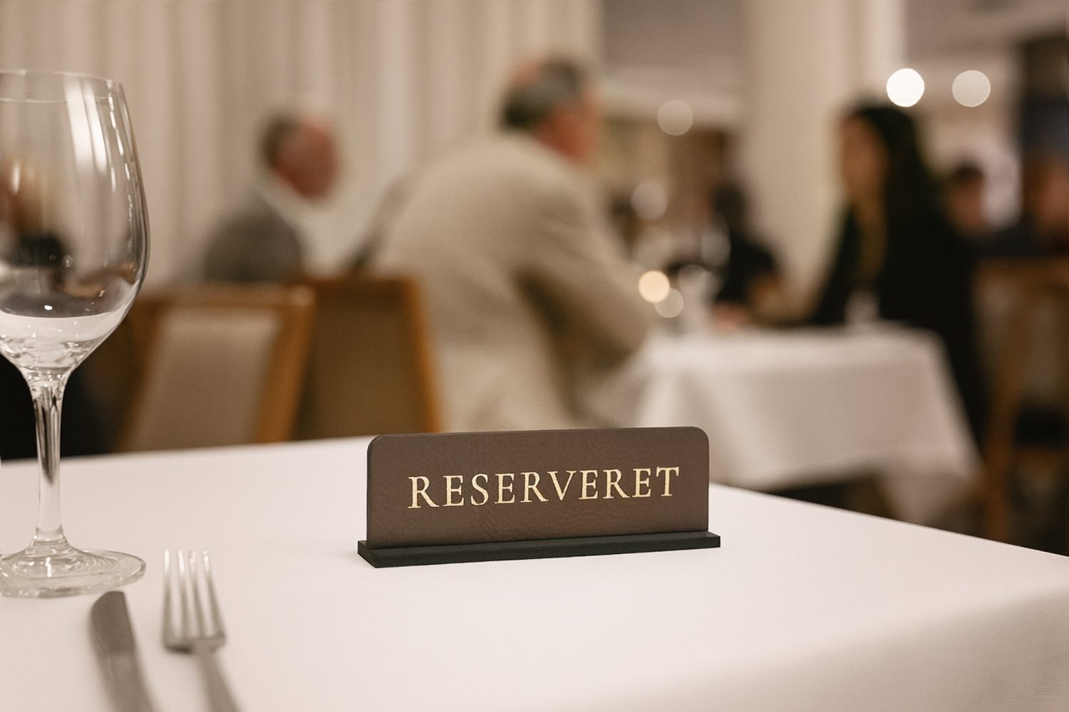 Små reservationskilte i læder til restaurant med guldskrift