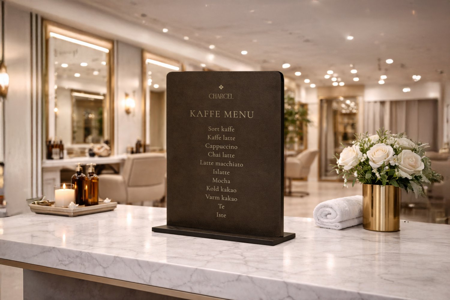 Salonskilte i læder med guldskrift