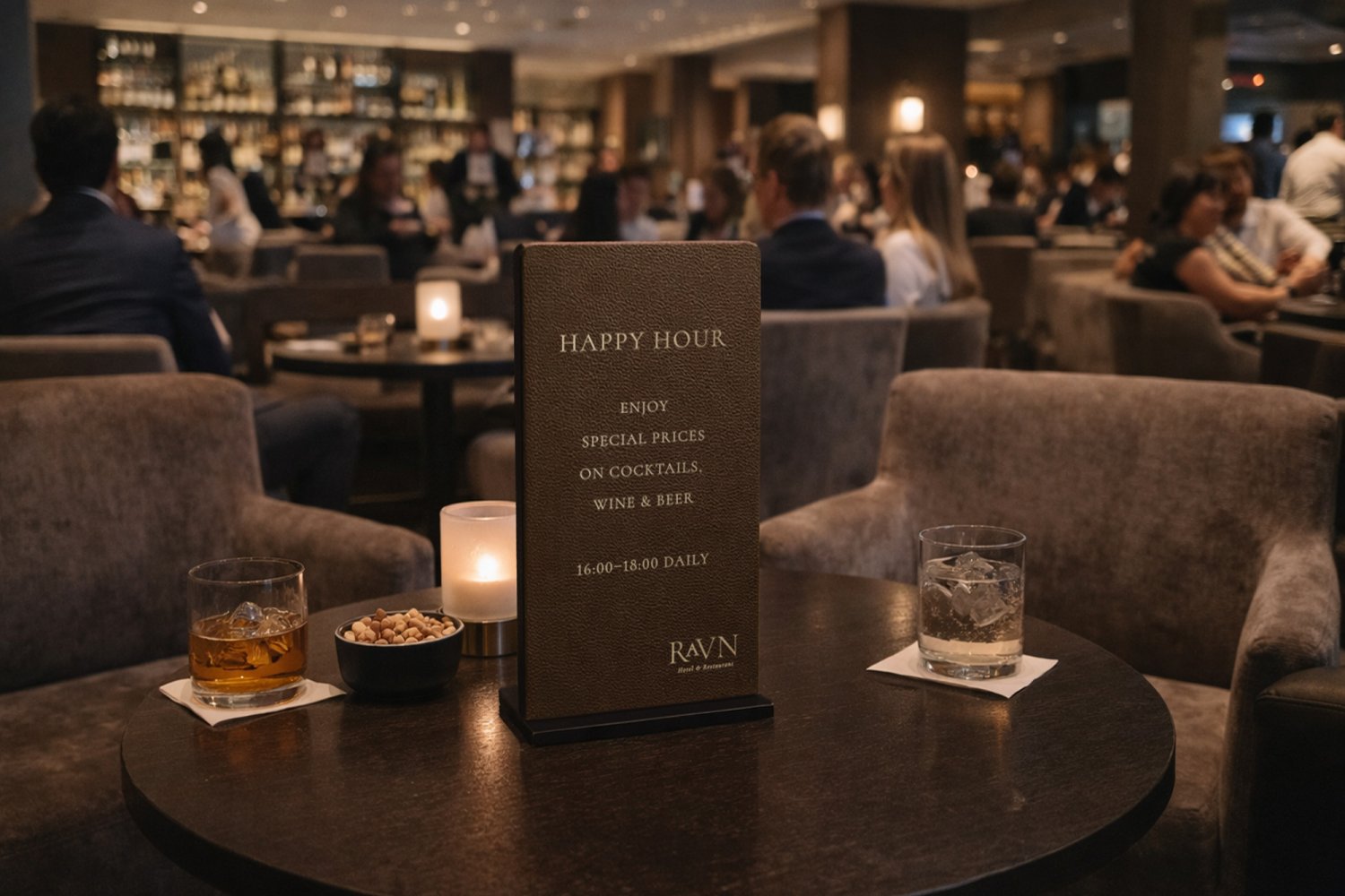 Happy Hour skilt i læder med guldskrift