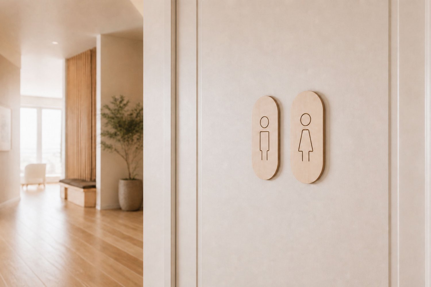 Toiletskilte i træ med buer