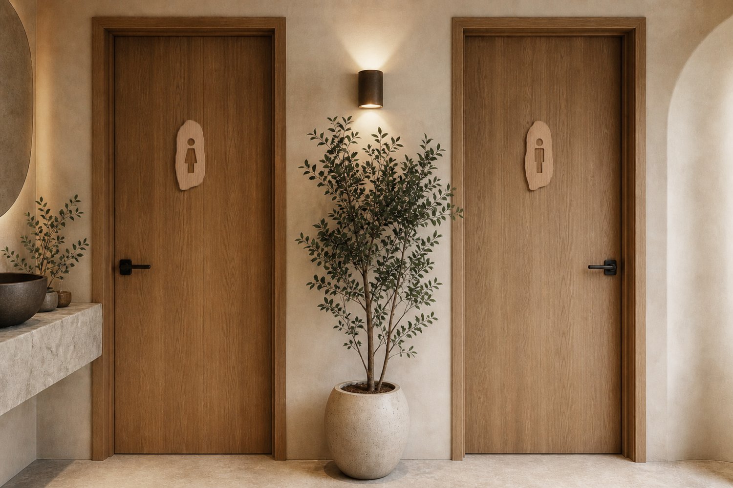 Organiske toiletskilte med figurer i træ