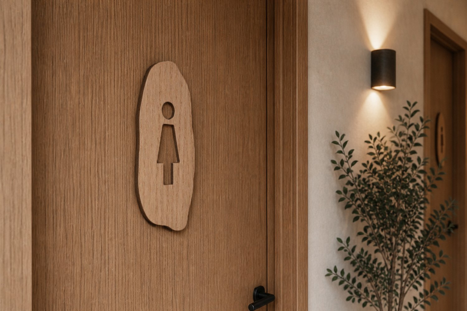Organiske toiletskilte med figurer i træ