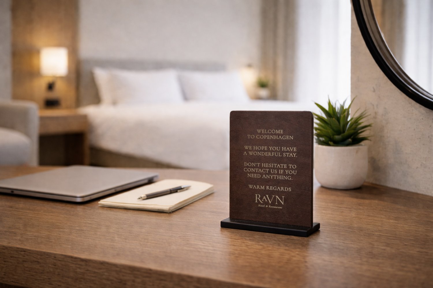 Infoskilte i læder til hotelværelser