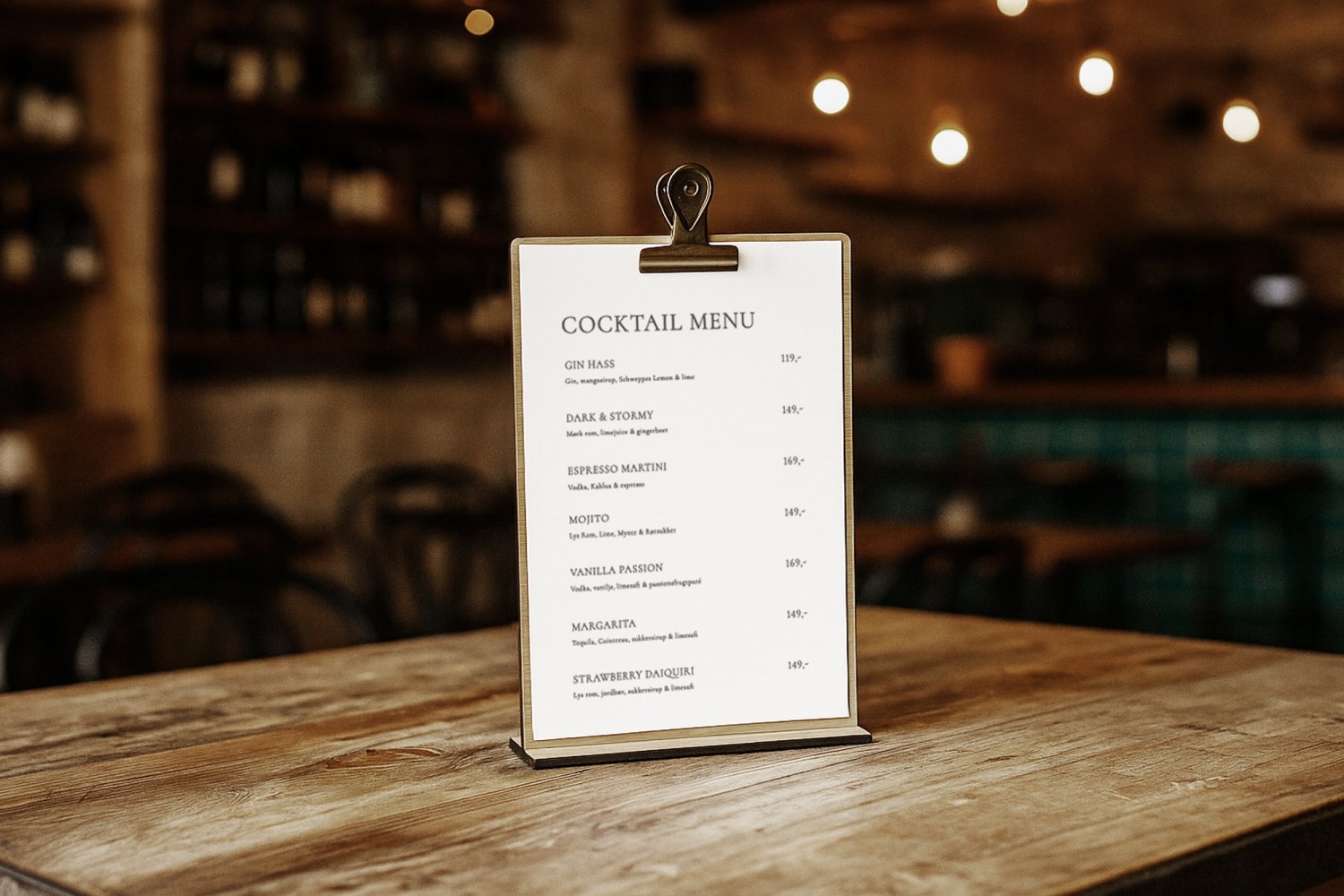 Holder til cocktailkort i træ til restaurant med klemme