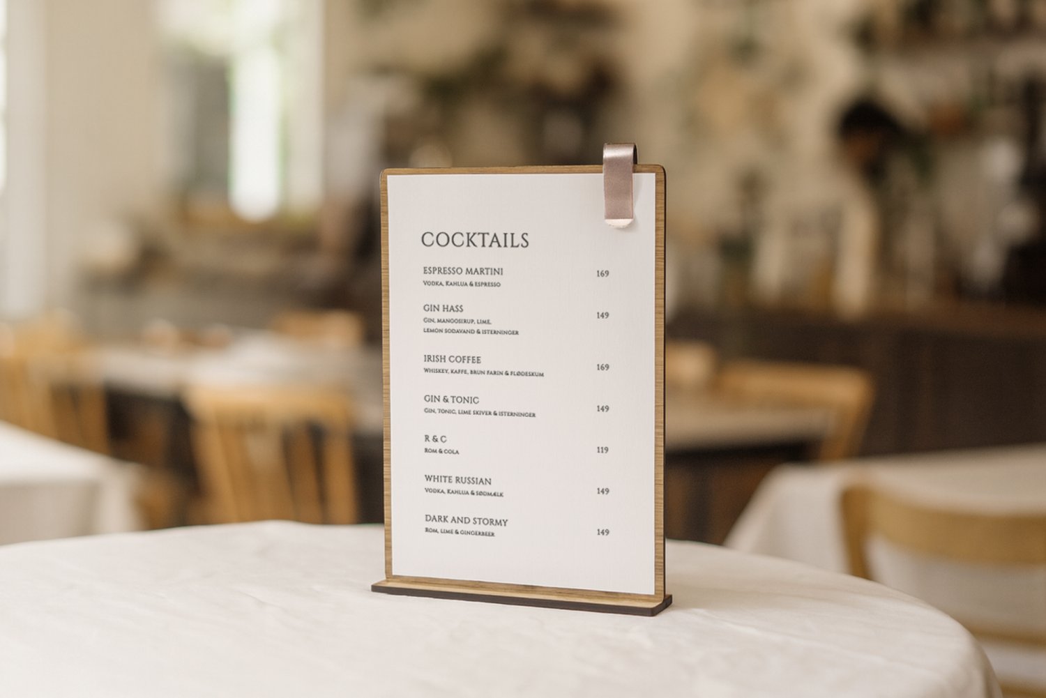 Holder til cocktailskilt i træ med klips til restaurant