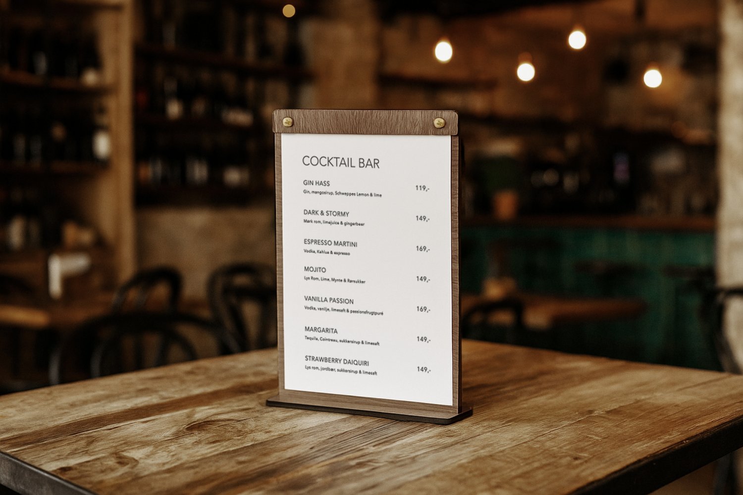 Holder til cocktailkort med nitter i træ til restaurant