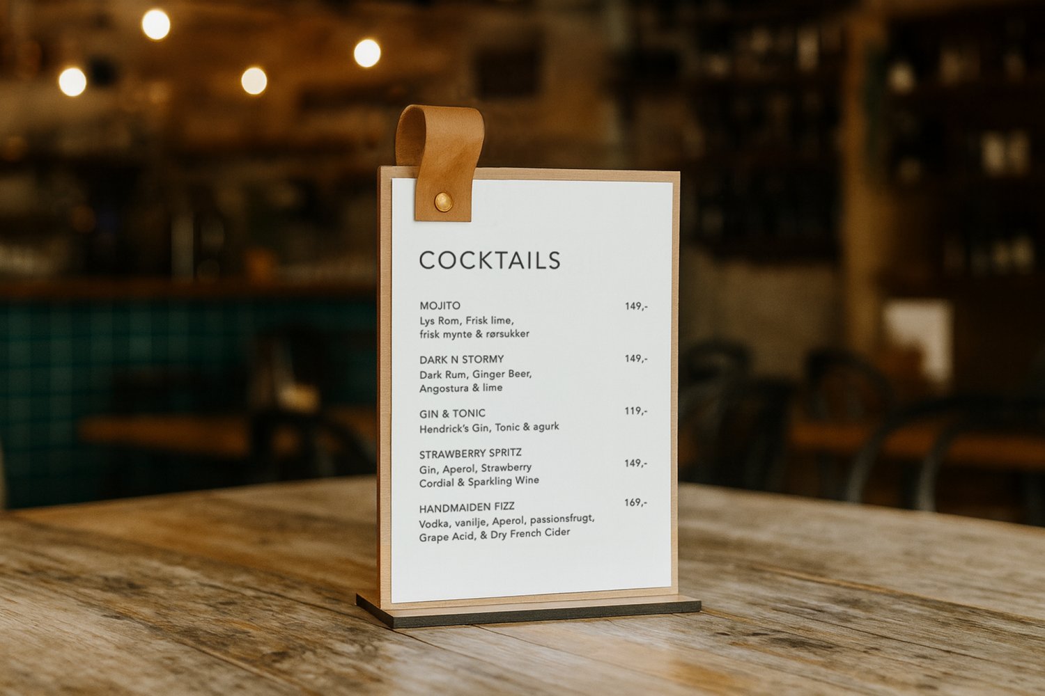 Drinkskortholder i træ til restaurant med læderstrop