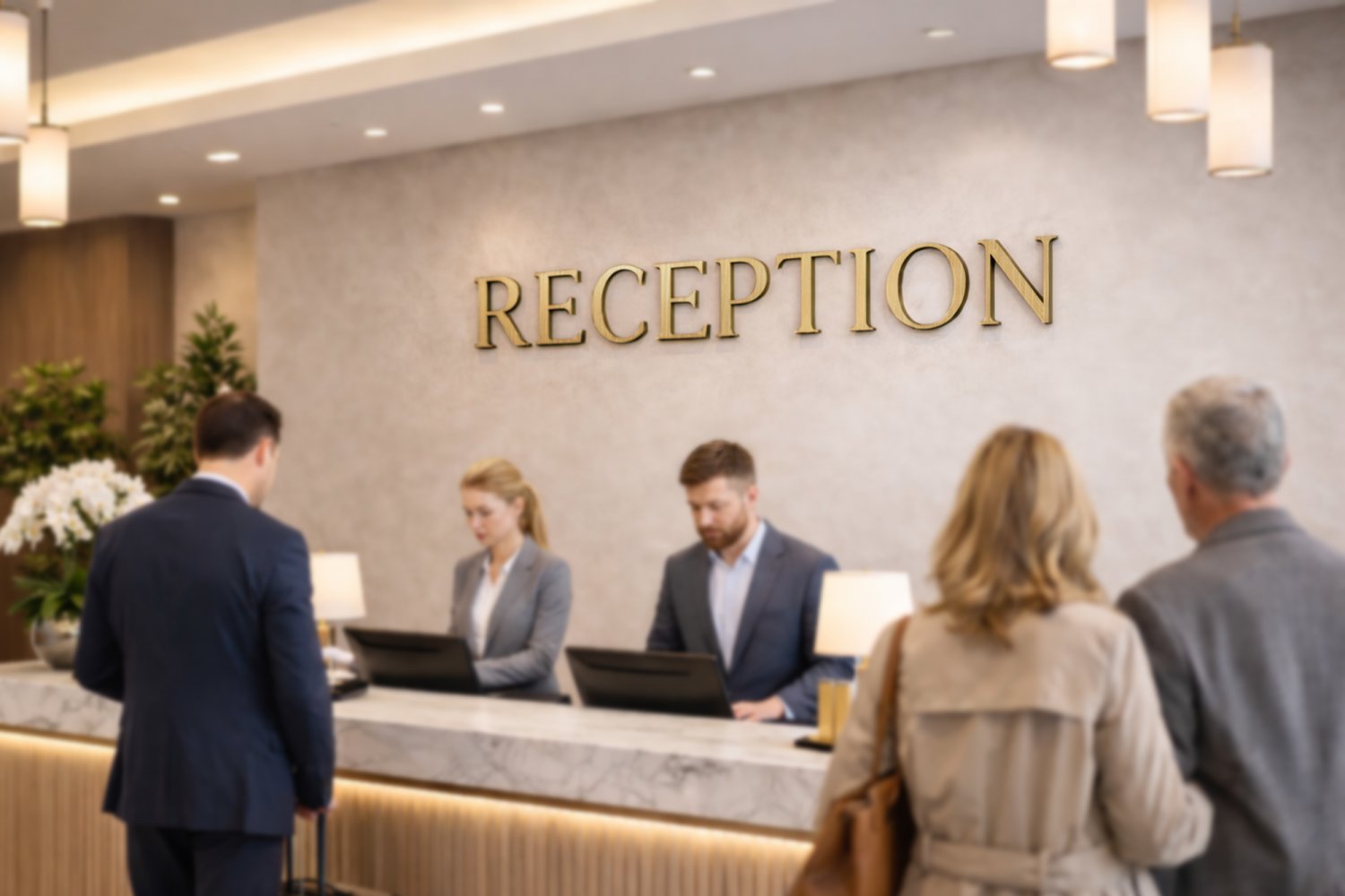 Stort receptionsskilt i guld til hotel