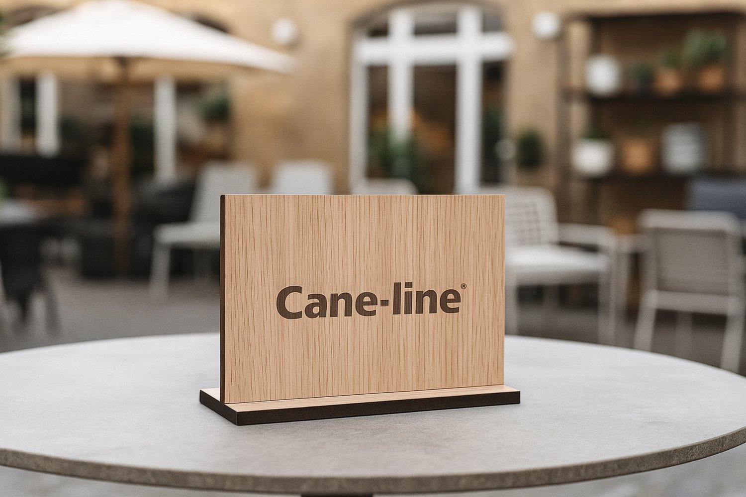 Vandret logoskilt i træ med holder