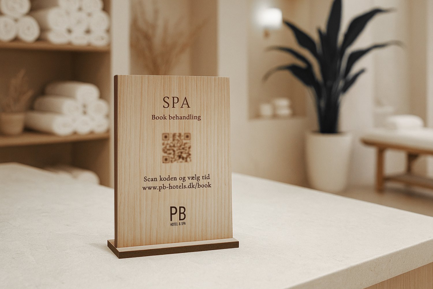 Spa booking-skilt med QR-kode til hotel