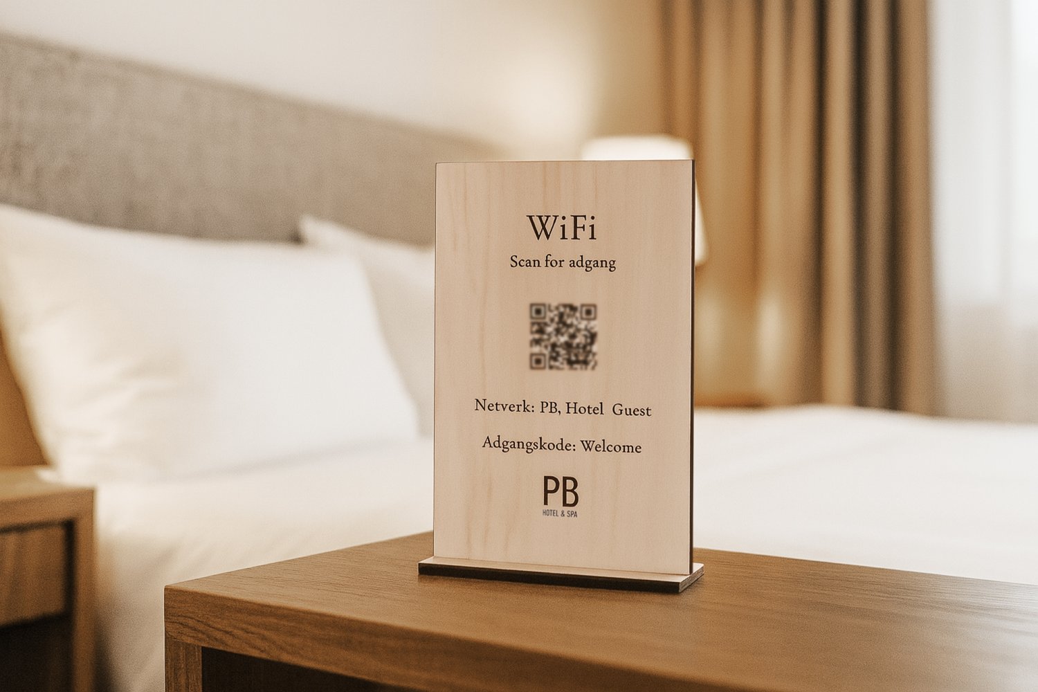 WiFi-skilt med QR-kode i træ til hotel